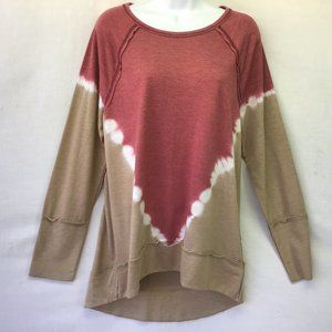 Knox Rose Tan & Red Tunic  long Sleeve Round Neck Casual Kick Around Top NWT S